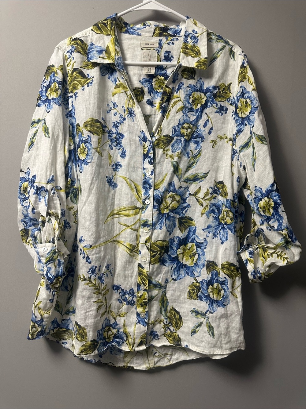 Joie White Floral Linen Button-Down Shirt with Blue and Green Blooms
